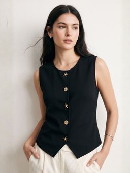 Outzidr - Black Sleeveless Vest With Star-Shaped Buttons Top