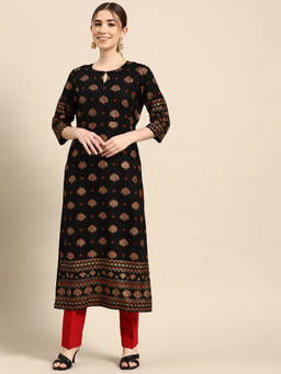 Gerua By Libas - Black Printed Rayon Kurta
