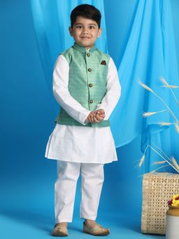Vastramay - Boys Green & White Jacket With Kurta & Pyjama (Set of 3)