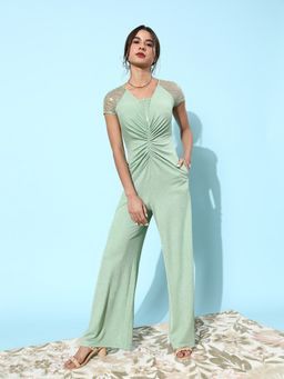 Miss Chase - Women's Mint Green Sheer Sleeves Embellished Laced Party Jumpsuit