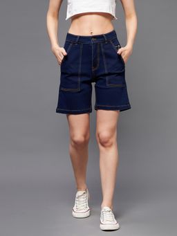 Miss Chase - Women's Navy Blue Regular High rise Above Knee Stretchable Denim Shorts