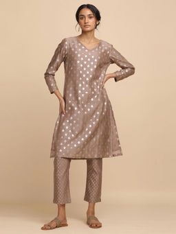 Folksong - All Over Buti Grey and Gold Cotton Silk Jacquard Kurta