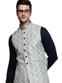 Manyavar - Mens Art Silk Jacquard Nehru Jacket (Feroze)