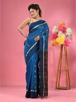 CHARUKRITI - Sky Blue Cotton Blend Handwoven Texture Motifs Saree with Unstitched Blouse