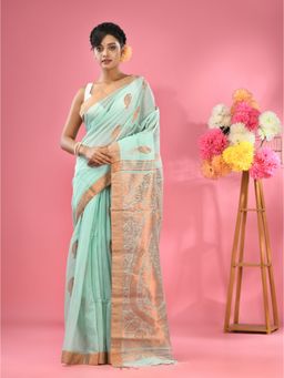 CHARUKRITI - Turquoise Cotton Blend Handwoven Paisley Motifs with Unstitched Blouse