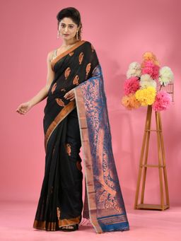 CHARUKRITI - Black Cotton Blend Handwoven Paisley Motifs with Unstitched Blouse