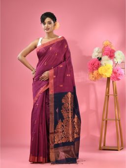 CHARUKRITI - Magenta Cotton Blend Handwoven Texture Motifs Saree with Unstitched Blouse