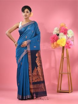 CHARUKRITI - Sapphire Blue Cotton Blend Handwoven Texture Motifs Saree with Unstitched Blouse