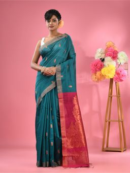 CHARUKRITI - Teal Cotton Blend Handwoven Texture Motifs Saree with Unstitched Blouse