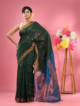 CHARUKRITI - Green Cotton Blend Handwoven Texture Motifs Saree with Unstitched Blouse