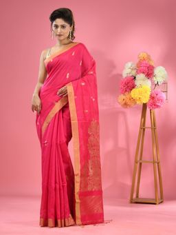 CHARUKRITI - Fuchsia Pink Cotton Blend Handwoven Texture Motifs Saree with Unstitched Blouse