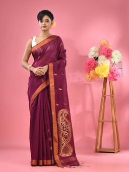 CHARUKRITI - Purple Cotton Blend Handwoven Zari Border Saree with Unstitched Blouse