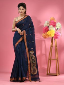 CHARUKRITI - Navy Blue Cotton Blend Handwoven Zari Border Saree with Unstitched Blouse