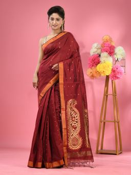 CHARUKRITI - Maroon Cotton Blend Handwoven Zari Border Saree with Unstitched Blouse