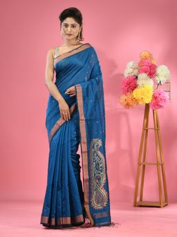 CHARUKRITI - Sapphire Blue Cotton Blend Handwoven Zari Border Saree with Unstitched Blouse
