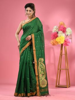 CHARUKRITI - Green Cotton Blend Handwoven Zari Border Saree with Unstitched Blouse