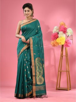 CHARUKRITI - Teal Cotton Blend Handwoven Zari Border Saree with Unstitched Blouse
