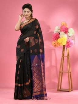 CHARUKRITI - Black Cotton Blend Handwoven Nakshi Design Saree with Unstitched Blouse