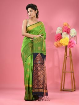 CHARUKRITI - Parrot Green Cotton Blend Handwoven Nakshi Design Saree with Unstitched Blouse