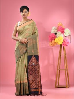 CHARUKRITI - Ecru Cotton Blend Handwoven Nakshi Design Saree with Unstitched Blouse