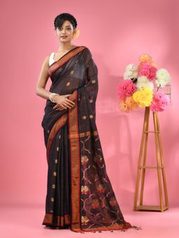 CHARUKRITI - Midnight Blue Cotton Blend Handwoven Floral Motifs Saree with Unstitched Blouse