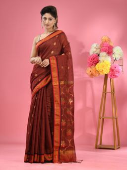 CHARUKRITI - Rust Cotton Blend Handwoven Floral Motifs Saree with Unstitched Blouse
