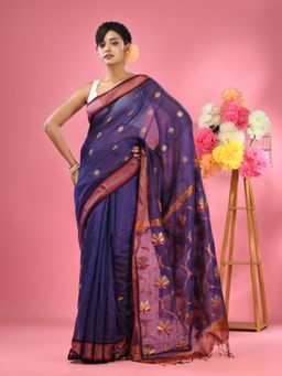 CHARUKRITI - Blue Cotton Blend Handwoven Floral Motifs Saree with Unstitched Blouse