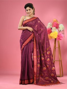 CHARUKRITI - Magenta Cotton Blend Handwoven Floral Motif Saree with Unstitched Blouse
