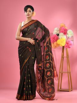 CHARUKRITI - Black Cotton Blend Handwoven Floral Motif Saree with Unstitched Blouse