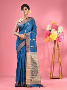 CHARUKRITI - Sapphire Blue Cotton Blend Handwoven Jute Weaving Pallu Saree with Unstitched Blouse