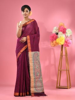 CHARUKRITI - Magenta Cotton Blend Handwoven Jute Weaving Pallu Saree with Unstitched Blouse