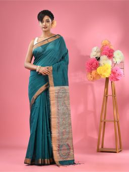 CHARUKRITI - Teal Cotton Blend Handwoven Jute Weaving Pallu Saree with Unstitched Blouse