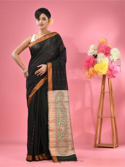 CHARUKRITI - Black Cotton Blend Handwoven Jute Weaving Pallu Saree with Unstitched Blouse