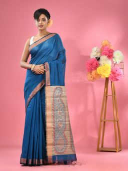 CHARUKRITI - Sapphire Blue Cotton Blend Handwoven Jute Weaving Pallu Saree with Unstitched Blouse