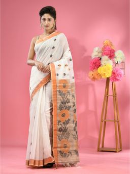 CHARUKRITI - White Cotton Handspun Handwoven Jute Weaving Pallu Saree with Unstitched Blouse