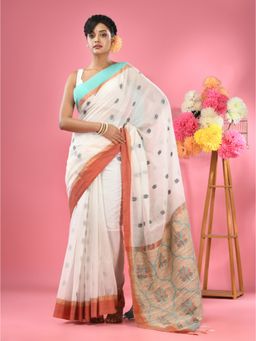 CHARUKRITI - White Cotton Handspun Handwoven Jute Weaving Pallu Saree with Unstitched Blouse