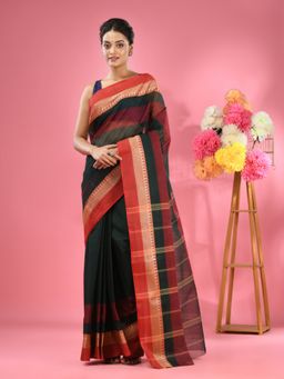 CHARUKRITI - Emerald Green Pure Cotton Tant Temple Border without Blouse