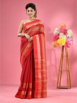 CHARUKRITI - Red Pure Cotton Tant Temple Border without Blouse