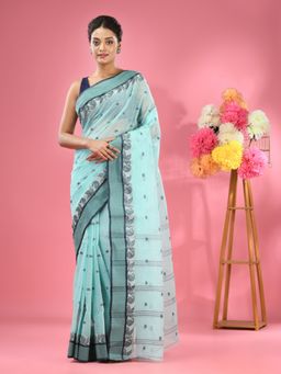 CHARUKRITI - Ocean Turquoise Pure Cotton Tant Woven Design Saree without Blouse
