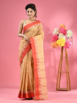 CHARUKRITI - Beige Pure Cotton Tant Woven Design Saree without Blouse