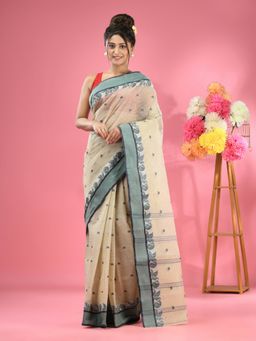 CHARUKRITI - Ecru Pure Cotton Tant Woven Design Saree without Blouse