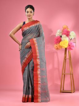 CHARUKRITI - Grey Pure Cotton Tant Woven Design Saree without Blouse