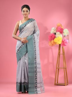 CHARUKRITI - Light Grey Pure Cotton Tant Woven Design Saree without Blouse