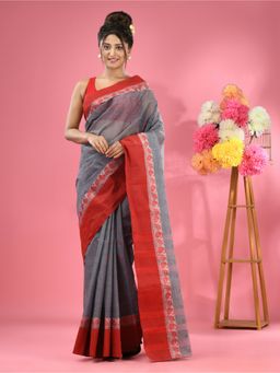 CHARUKRITI - Dark Grey Pure Cotton Tant Woven Design Saree without Blouse