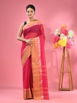 CHARUKRITI - Hot Pink Pure Cotton Tant Woven Design Saree without Blouse