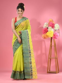 CHARUKRITI - Lime Green Pure Cotton Tant Woven Design Saree without Blouse