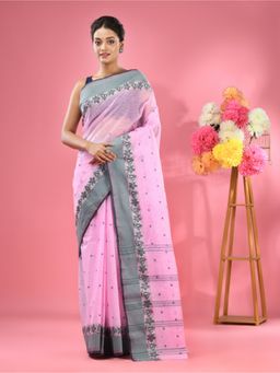 CHARUKRITI - Bubble gum Pink Pure Cotton Tant Woven Design Saree without Blouse