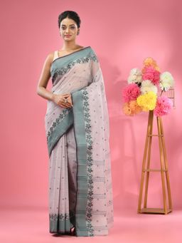 CHARUKRITI - Seashell Off White Pure Cotton Tant Woven Design Saree without Blouse