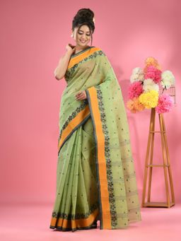 CHARUKRITI - Pear Green Pure Cotton Tant Woven Design Saree without Blouse