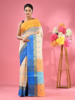 CHARUKRITI - Off White Pure Cotton Tant Woven Design Saree without Blouse